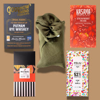 The Discovery Set, dark, milk and white craft chocolate gift wrapped in olive linen furoshiki — Hello Chocolate
